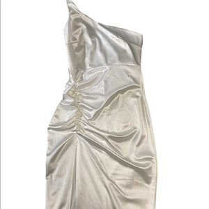 White silk off shoulder dress
